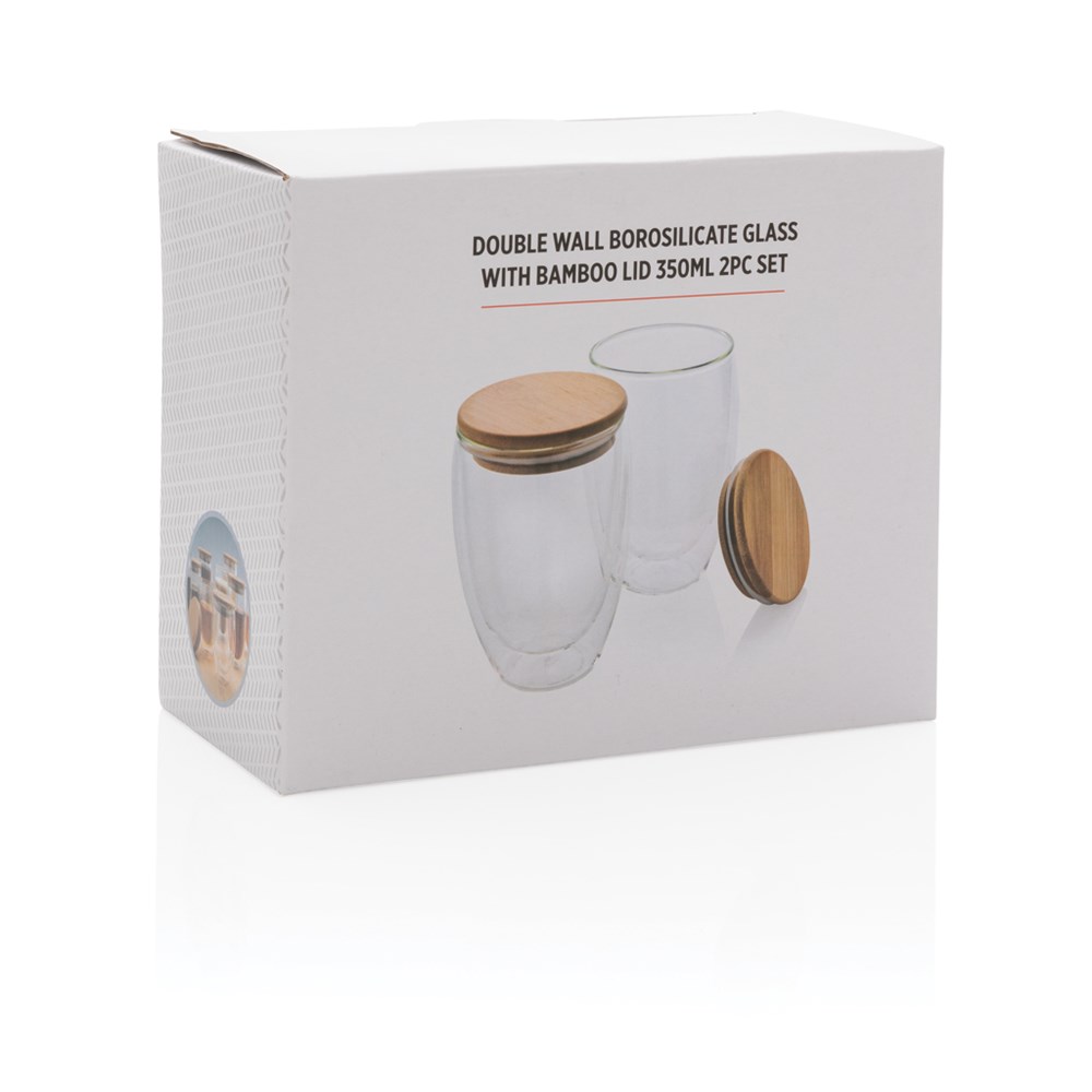 2-tlg Set Borosilikatgläser mit Bambusdeckel 350ml